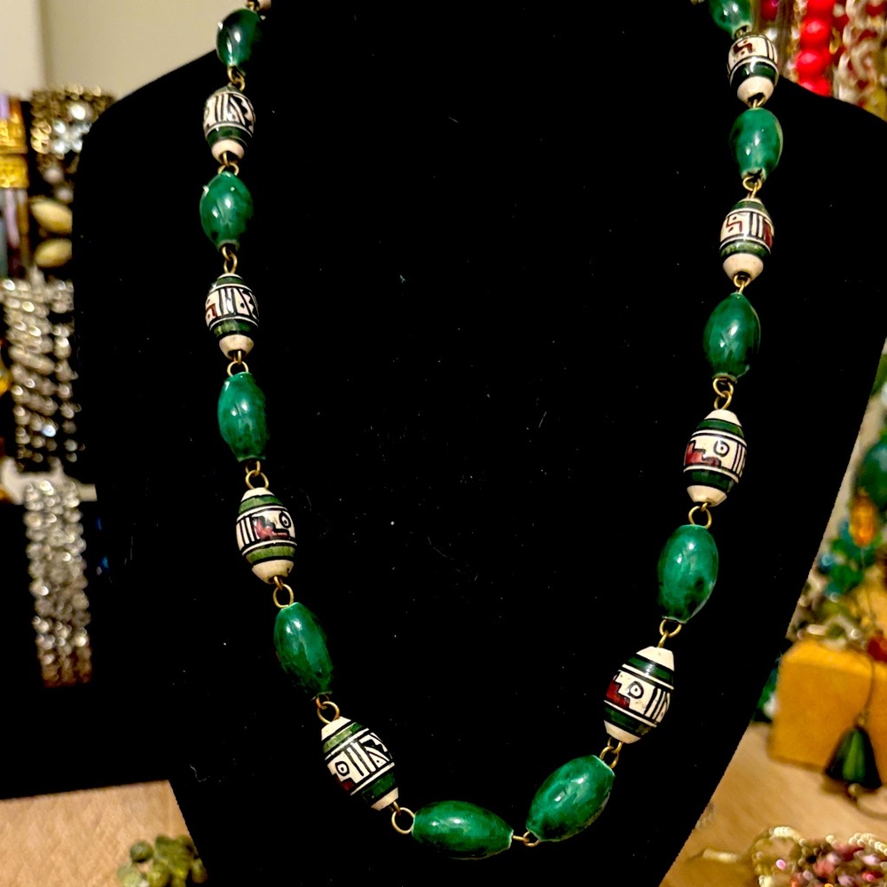 Vintage hand painted Peruvian?ceramic bead necklace